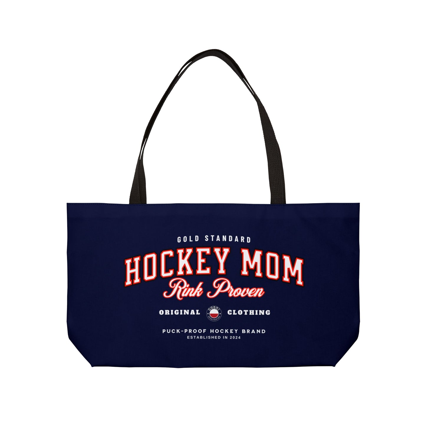 Rink Proven Hockey Mom weekender - GoBoi Store - Hockey Mom weekender tote bag is perfect for those who need to bring along a little bit of everything but prefer to travel light. The classic design pairs beautifully with any outfit, whether you're heading to the rink, a shopping spree, or the beach. This lightweight yet durable tote is spacious enough to easily fit a fleece blanket and all your rink-day essentials. Black interior lining, black handles T-bottom construction Assembled in the USA