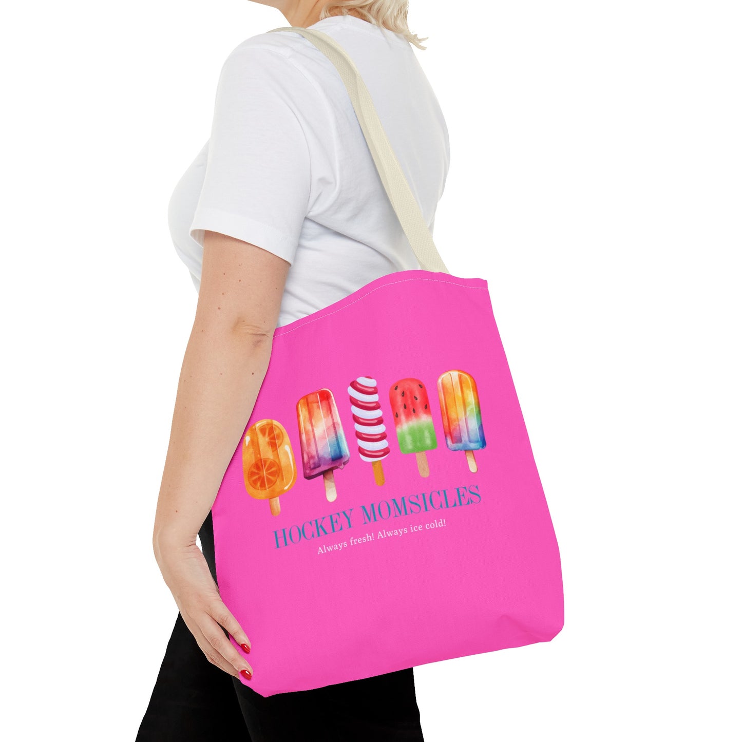 Hockey Momsicles tote bag, hot pink - GoBoi Store - They are the embodiment of beauty, brains, and brawn on and off the ice. Raise your gloves in admiration to Hockey Momsicles – the super cute and cool leaders of the frozen domain!