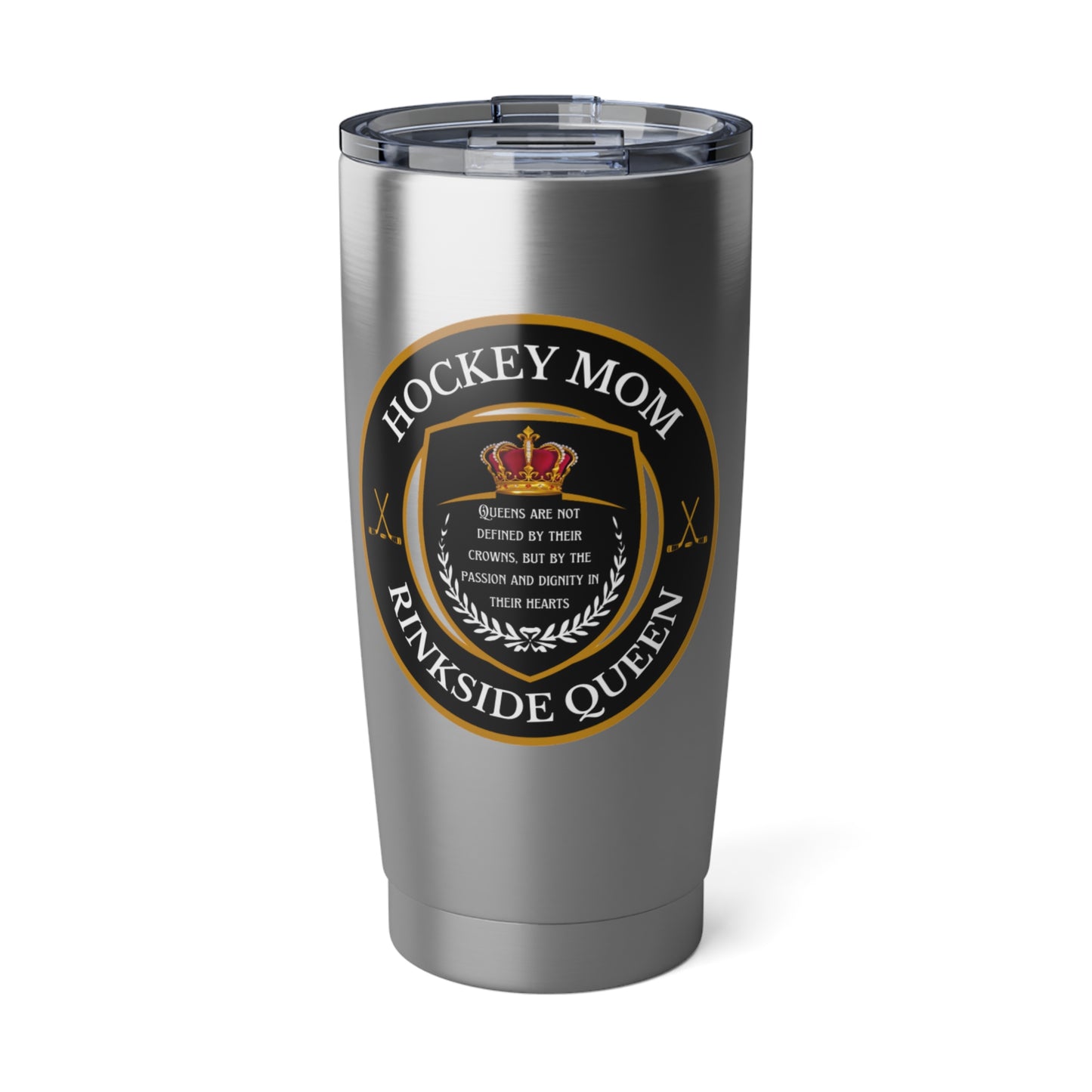 Rinkside Queen tumbler - GoBoi Store - Let's celebrate the regal spirit of those who support the game with unwavering devotion. From early morning practices to late-night games, embody the dignity of hockey motherhood and reign supreme on the sidelines. Double wall insulation Material: Stainless steel Fits perfectly in car cup holder Spill-resistant sliding lid with a rubber gasket to prevent leaks