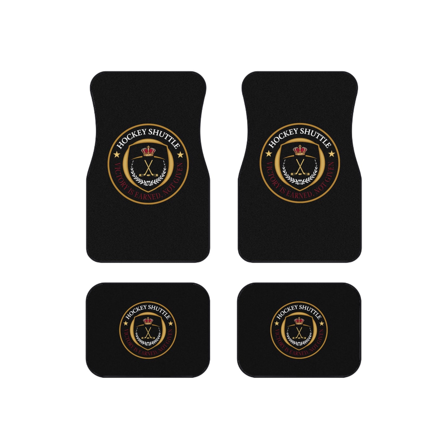 Hockey Shuttle Car Mats - GoBoi Store - Welcome aboard the Hockey Shuttle! Give a personal touch to your car interior and change it to a Hockey Shuttle with these mats. A real conversation starter!They come in a set of four and include two front and two rear mats with a non-slip rubber backing. Vibrant colors. Clean them easily with a vacuum or a cool water rinse.