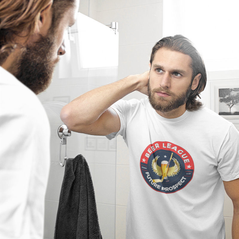 Beer League tee - GoBoi Store - Despite not quite making it to the NHL, they take their love for the sport seriously, embodying the true essence of hockey with every game played. Join us in honoring these relentless warriors who never give up on their dreams. We’re gonna make you an offer you can’t refuse: the best 100% cotton tee you’ve ever tried. Pre-shrunk fabric? Check. Side-seamed construction? Check. Best fit ever? Double check.