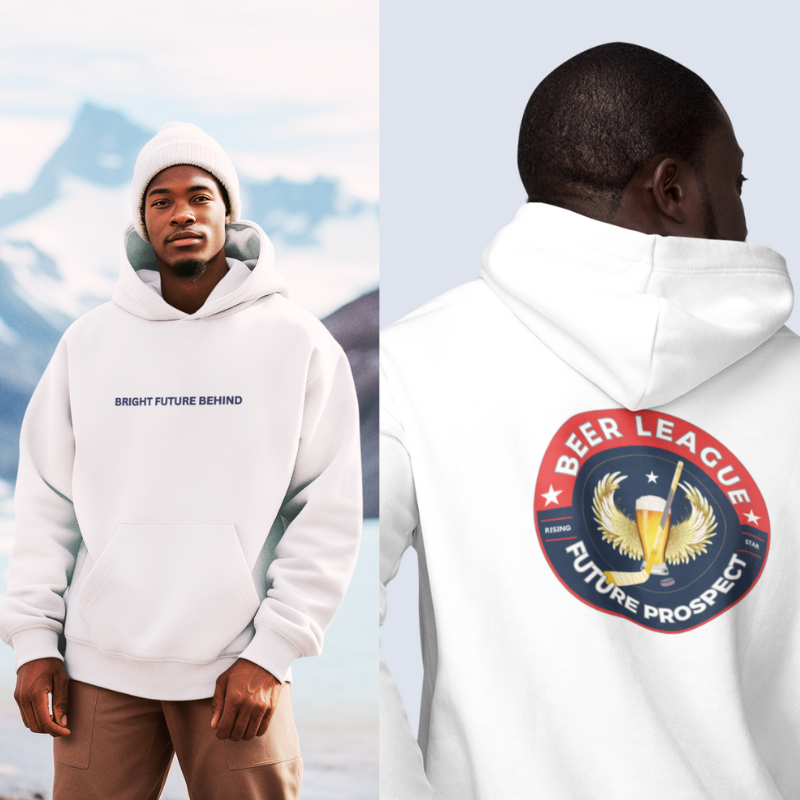 Beer League Future Prospect hoodie - GoBoi Store - We raise a toast to the indomitable spirit of the players who love hockey to the very end. Despite not quite making it to the NHL, they take their love for the sport seriously, embodying the true essence of hockey with every game played. This top quality hoodie feels plush, soft and warm, a perfect choice for any cold day.