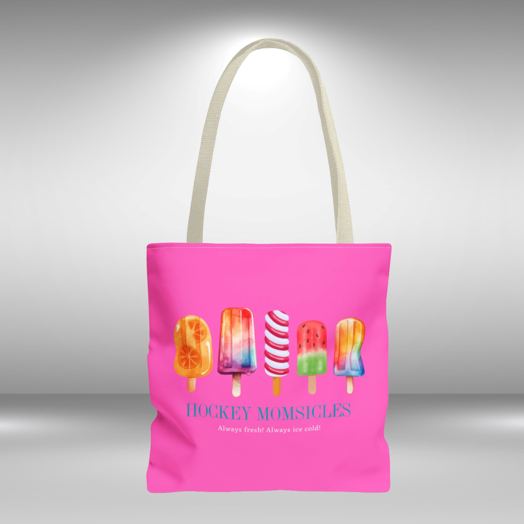 Hockey Momsicles tote bag, hot pink - GoBoi Store - They are the embodiment of beauty, brains, and brawn on and off the ice. Raise your gloves in admiration to Hockey Momsicles – the super cute and cool leaders of the frozen domain!