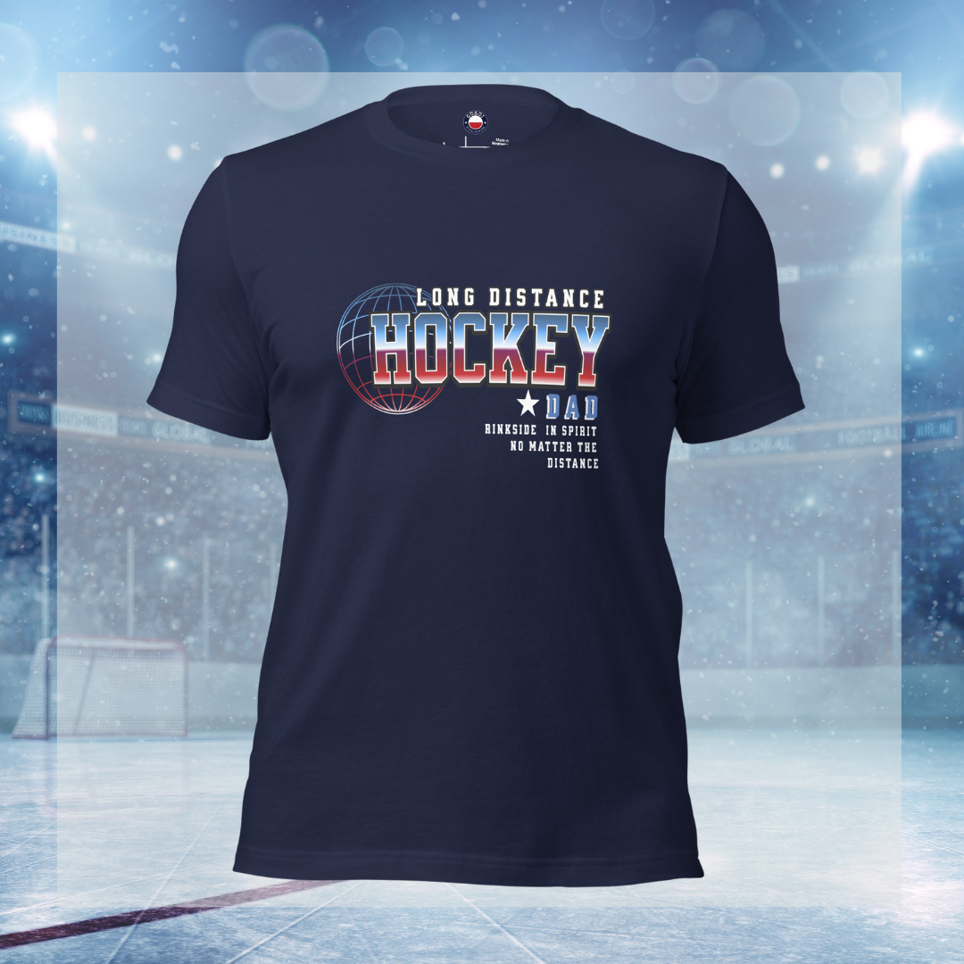 Long Distance Hockey Dad tee - GoBoi Store - Show your support with this heartfelt tee! For the proud dad who cheers from afar, it captures the essence of being rinkside in spirit, no matter the distance. Celebrate the journey as your player chases their dreams, knowing you’re always with them in heart! This t-shirt is everything you've dreamed of and more. It feels soft and lightweight, with the right amount of stretch. It's comfortable and flattering for all.