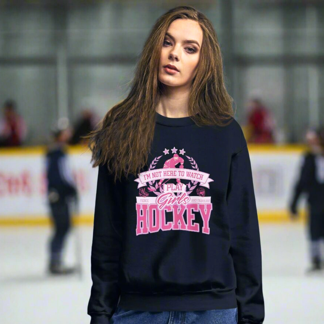 Girls Hockey Sweatshirt - GoBoi Store - Not on the sidelines—she’s here to play. And oh man, does she play with heart!A sturdy and warm sweatshirt bound to keep you warm in the colder months. A pre-shrunk, classic fit sweater that’s made with air-jet spun yarn for a soft feel.