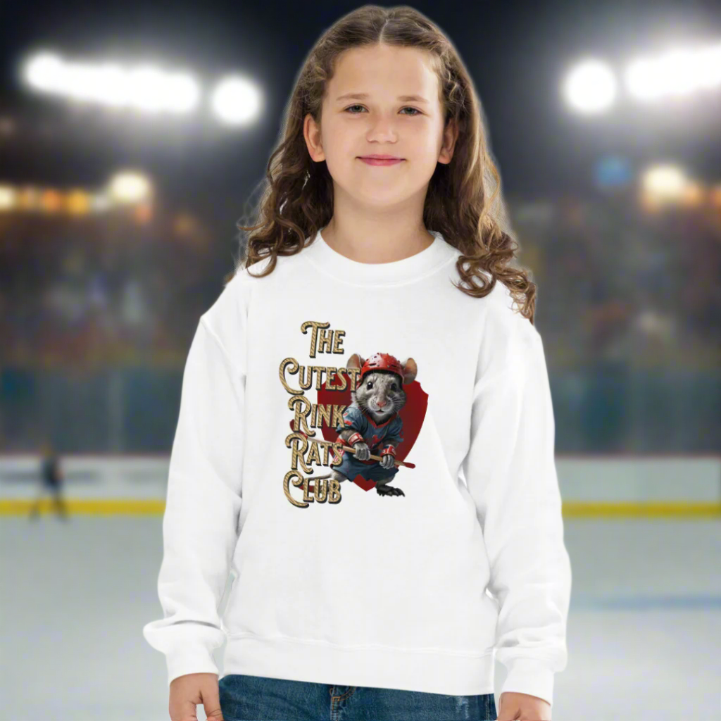 Cutest Rink Rat Club youth sweatshirt - GoBoi Store - Cozy and cool, this youth crewneck sweatshirt is designed for every adventure. Made from soft fleece fabric, it’s easy to wear and hassle-free to wash. Whether headed out or snuggled up on the couch, the younger crowd will love the look and feel of this sweatshirt.