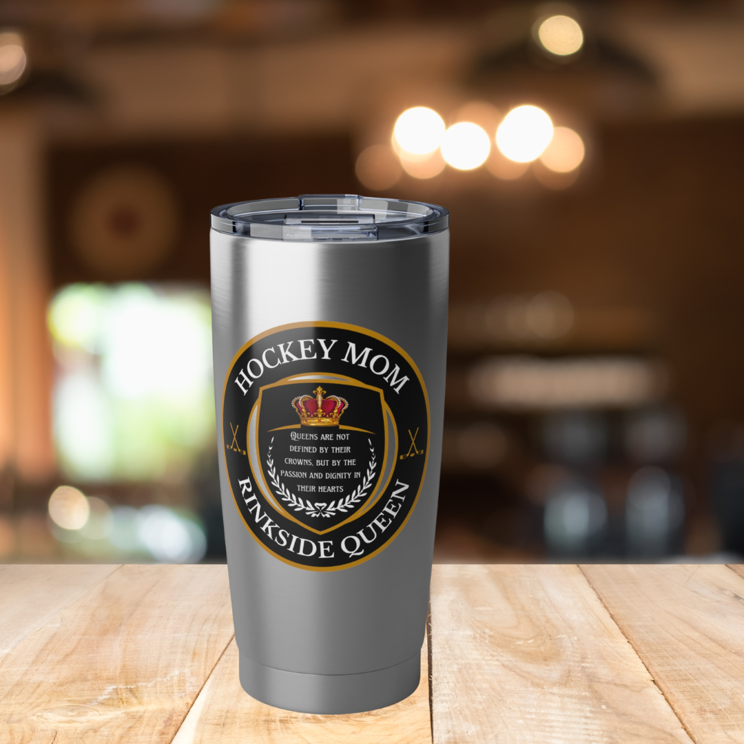 Rinkside Queen tumbler - GoBoi Store - Let's celebrate the regal spirit of those who support the game with unwavering devotion. From early morning practices to late-night games, embody the dignity of hockey motherhood and reign supreme on the sidelines. Double wall insulation Material: Stainless steel Fits perfectly in car cup holder Spill-resistant sliding lid with a rubber gasket to prevent leaks