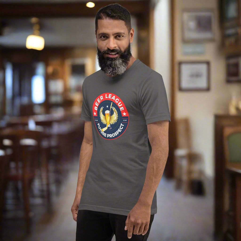 Beer League tee - GoBoi Store - Despite not quite making it to the NHL, they take their love for the sport seriously, embodying the true essence of hockey with every game played. Join us in honoring these relentless warriors who never give up on their dreams. We’re gonna make you an offer you can’t refuse: the best 100% cotton tee you’ve ever tried. Pre-shrunk fabric? Check. Side-seamed construction? Check. Best fit ever? Double check.
