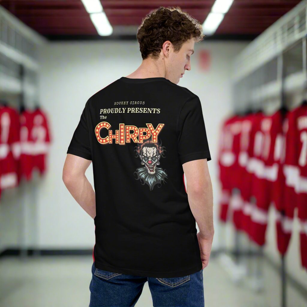 Chirpy Circus back print t-shirt - GoBoi Store - Introducing the "Chirpy" tee - perfect for the player who’s as quick with the quips as they are on the ice! The one who knows how to get under an opponent’s skin with a well-timed chirp and grin. Truly annoying, truly valuable. Wear it with pride - the mind games are half the fun! We’re gonna make you an offer you can’t refuse: the best 100% cotton tee you’ve ever tried. Pre-shrunk fabric? Check. Side-seamed construction? Check. Best fit ever? Double check.