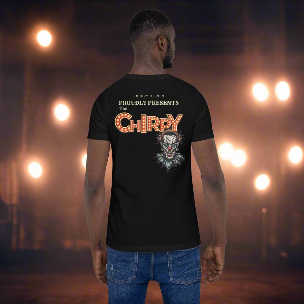 Chirpy Circus back print t-shirt - GoBoi Store - Introducing the "Chirpy" tee - perfect for the player who’s as quick with the quips as they are on the ice! The one who knows how to get under an opponent’s skin with a well-timed chirp and grin. Truly annoying, truly valuable. Wear it with pride - the mind games are half the fun! We’re gonna make you an offer you can’t refuse: the best 100% cotton tee you’ve ever tried. Pre-shrunk fabric? Check. Side-seamed construction? Check. Best fit ever? Double check.