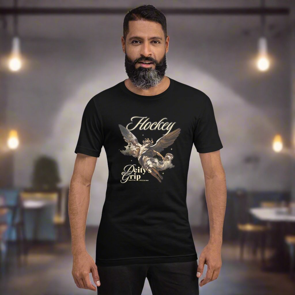 Hockey Deity tee - GoBoi Store - Channel your inner champion. "Hockey Deity"—because when you hit the ice, legends are born! This t-shirt is everything you've dreamed of and more. It feels soft and lightweight, with the right amount of stretch. It's comfortable and flattering for al