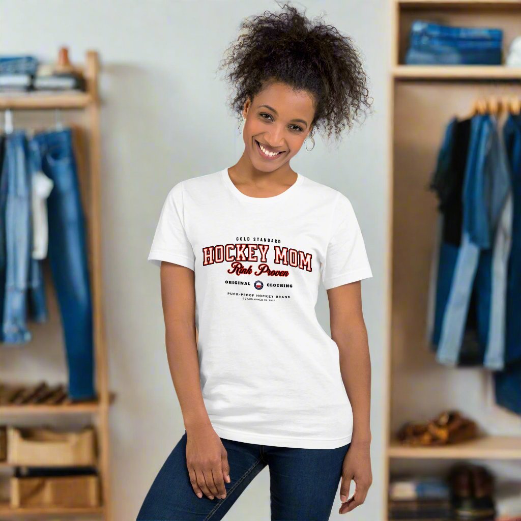 Rink Proven Hockey Mom tee - GoBoi Store - For the moms who’ve seen it all—early mornings, rink-side cheers, and endless gear hauls. This classic varsity-style tee shows you’re not just any hockey mom; you’re rink proven. Wear it with pride Everyone needs the perfect t-shirt to complement an everyday, laid-back look. The ideal top for so many occasions, this lightweight cotton tee will keep you comfy and looking smart.