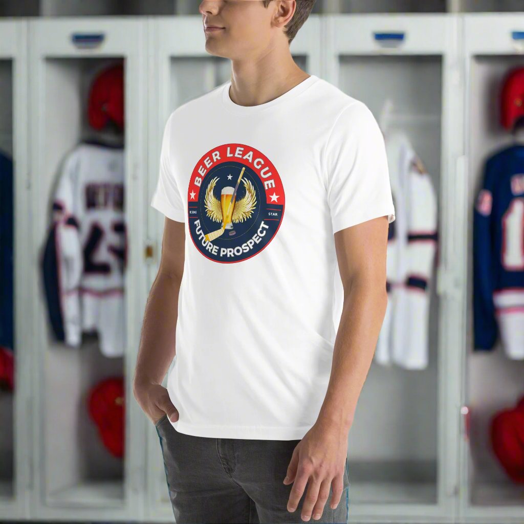 Beer League tee - GoBoi Store - Despite not quite making it to the NHL, they take their love for the sport seriously, embodying the true essence of hockey with every game played. Join us in honoring these relentless warriors who never give up on their dreams. We’re gonna make you an offer you can’t refuse: the best 100% cotton tee you’ve ever tried. Pre-shrunk fabric? Check. Side-seamed construction? Check. Best fit ever? Double check.