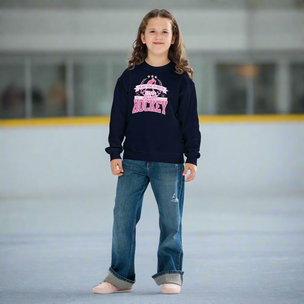 Girls Hockey youth sweatshirt - GoBoi Store - Cozy and cool, this youth crewneck sweatshirt is designed for every adventure. Made from soft fleece fabric, it’s easy to wear and hassle-free to wash. Whether headed out or snuggled up on the couch, the younger crowd will love the look and feel of this sweatshirt.