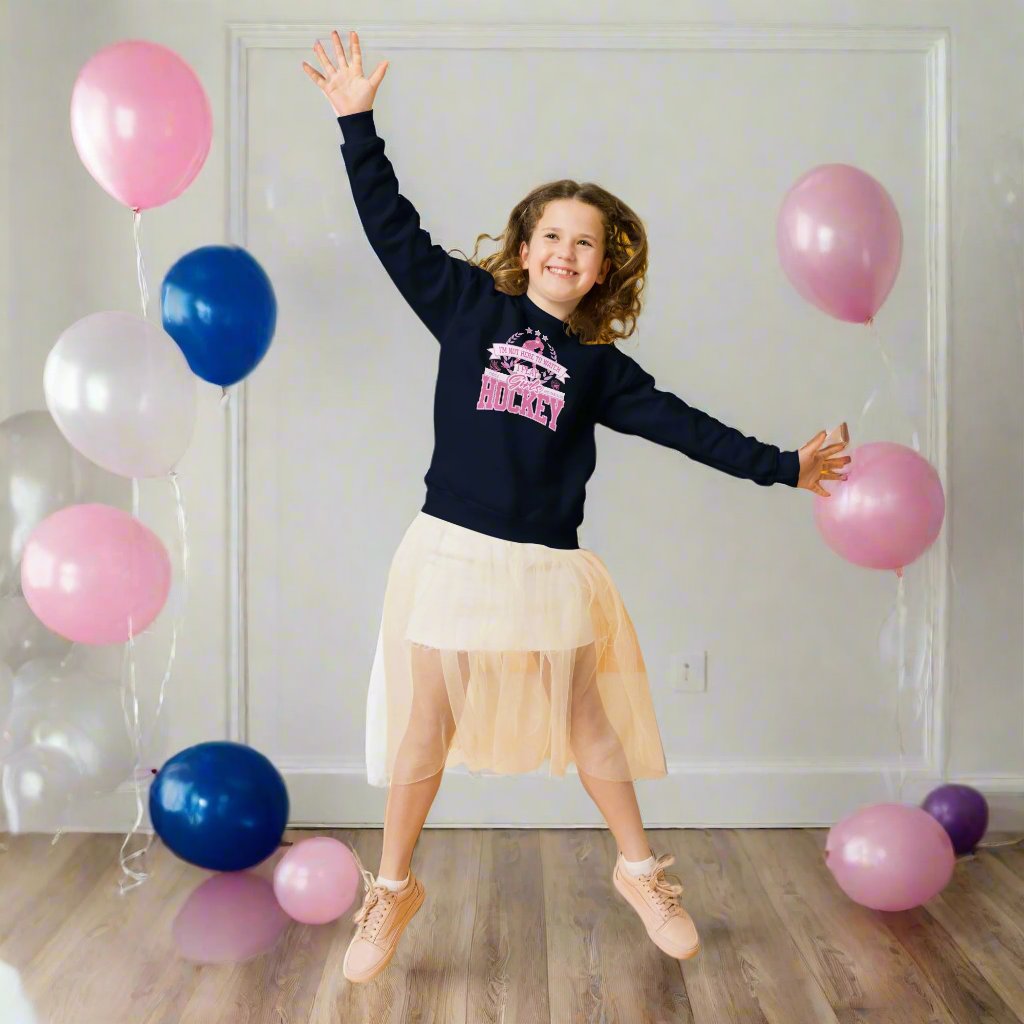 Girls Hockey youth sweatshirt - GoBoi Store - Cozy and cool, this youth crewneck sweatshirt is designed for every adventure. Made from soft fleece fabric, it’s easy to wear and hassle-free to wash. Whether headed out or snuggled up on the couch, the younger crowd will love the look and feel of this sweatshirt.