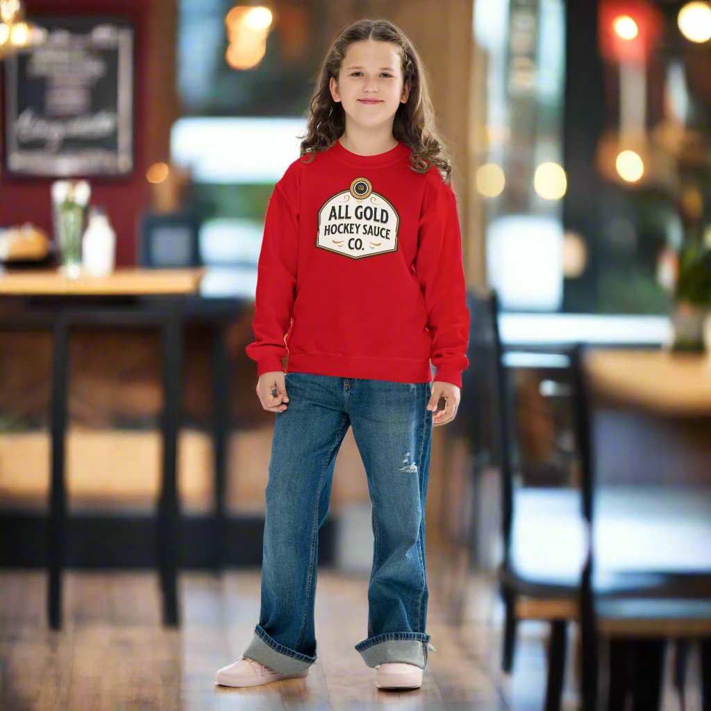 Hockey Sauce youth sweatshirt - GoBoi Store - Cozy and cool, this youth crewneck sweatshirt is designed for every adventure. Made from soft fleece fabric, it’s easy to wear and hassle-free to wash. Whether headed out or snuggled up on the couch, the younger crowd will love the look and feel of this sweatshirt.