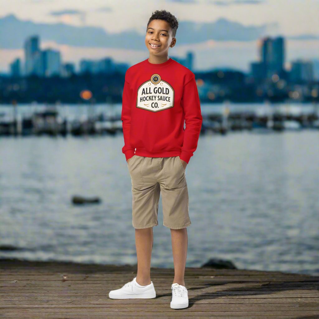 Hockey Sauce youth sweatshirt - GoBoi Store - Cozy and cool, this youth crewneck sweatshirt is designed for every adventure. Made from soft fleece fabric, it’s easy to wear and hassle-free to wash. Whether headed out or snuggled up on the couch, the younger crowd will love the look and feel of this sweatshirt.