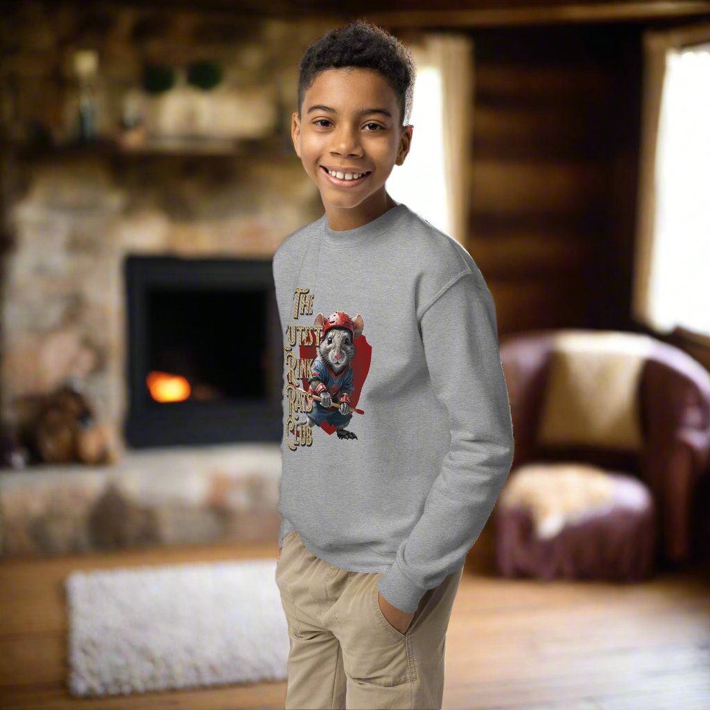 Cutest Rink Rat Club youth sweatshirt - GoBoi Store - Cozy and cool, this youth crewneck sweatshirt is designed for every adventure. Made from soft fleece fabric, it’s easy to wear and hassle-free to wash. Whether headed out or snuggled up on the couch, the younger crowd will love the look and feel of this sweatshirt.